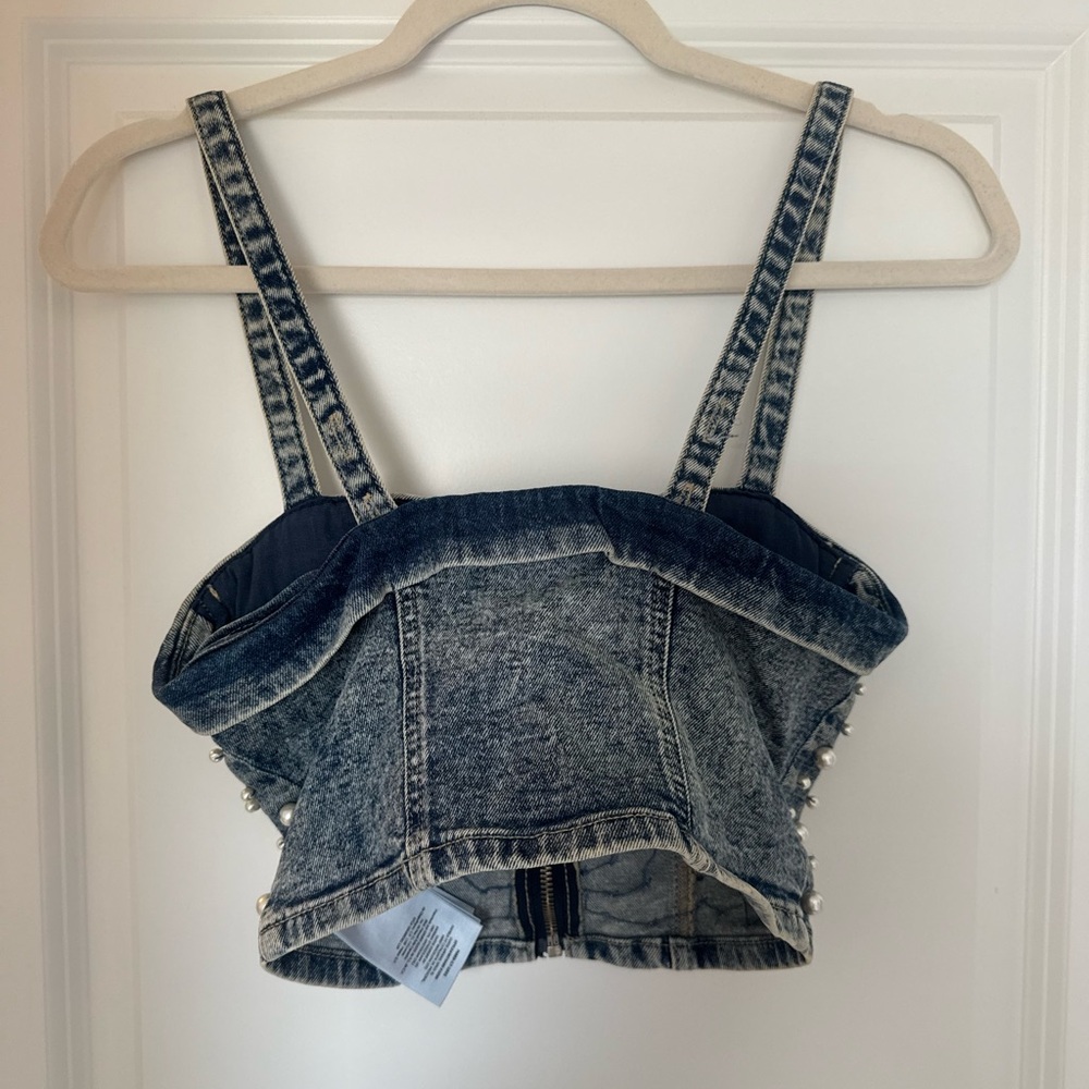 GUESS Women's Denim Faux Pearl Crop Top - Picture 3 of 3